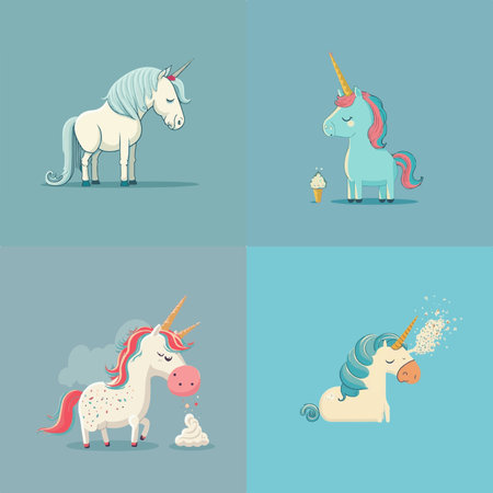 Adorable kiddy cartoon cute funny unicorn unicorns pony with horns, muzzle with faces and winking eyes color, Vector, collection, kids illustration, wallpaper, fantasy, mysticalのイラスト素材