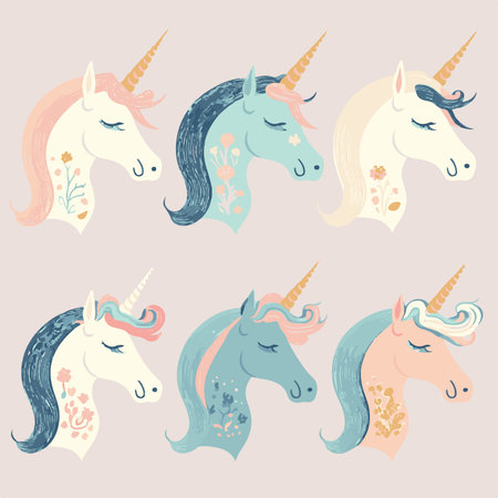 Adorable kiddy cartoon cute funny unicorn unicorns pony with horns, muzzle with faces and winking eyes color, Vector, collection, kids illustration, wallpaper, fantasy, mysticalのイラスト素材