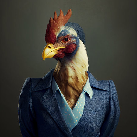 Realistic lifelike chicken bird in dapper high end luxury formal suit and shirt, commercial, editorial advertisement, surreal surrealismの素材