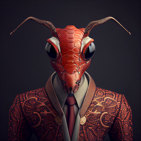 Realistic lifelike ant insect in dapper high end luxury formal suit and shirt, commercial, editorial advertisement, surreal surrealismの素材