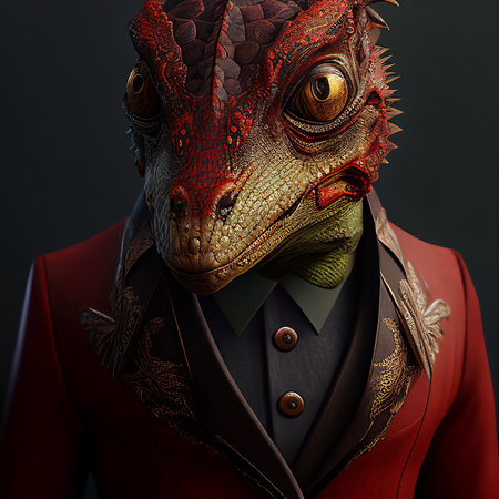 Realistic lifelike basilisk in dapper high end luxury formal suit and shirt, commercial, editorial advertisement, surreal surrealismの素材
