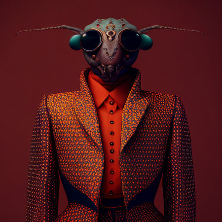 Realistic lifelike bug insect in dapper high end luxury formal suit and shirt, commercial, editorial advertisement, surreal surrealismの素材
