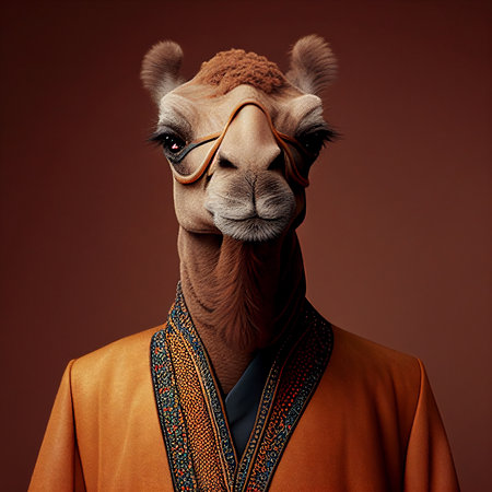 Realistic lifelike camel in dapper high end luxury formal suit and shirt, commercial, editorial advertisement, surreal surrealismの素材