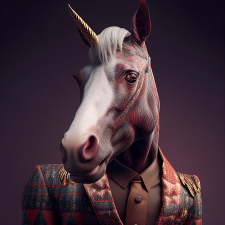 Realistic lifelike unicorn in dapper high end luxury formal suit and shirt, commercial, editorial advertisement, surreal surrealismの素材