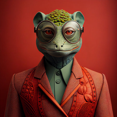 Realistic lifelike chameleon reptile in dapper high end luxury formal suit and shirt, commercial, editorial advertisement, surreal surrealismの素材