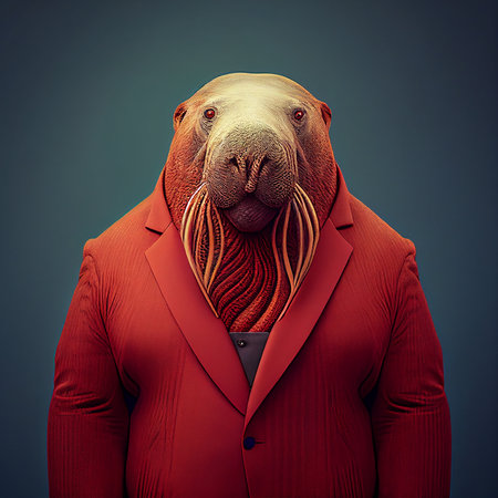 Realistic lifelike walrus in dapper high end luxury formal suit and shirt, commercial, editorial advertisement, surreal surrealismの素材