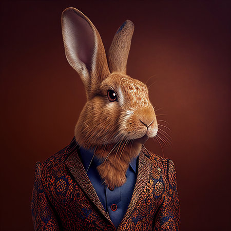 Realistic lifelike bunny hare rabbit in dapper high end luxury formal suit and shirt, commercial, editorial advertisement, surreal surrealismの素材