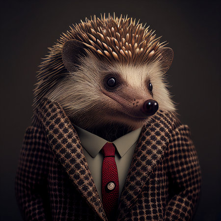 Realistic lifelike hedgehog in dapper high end luxury formal suit and shirt, commercial, editorial advertisement, surreal surrealismの素材