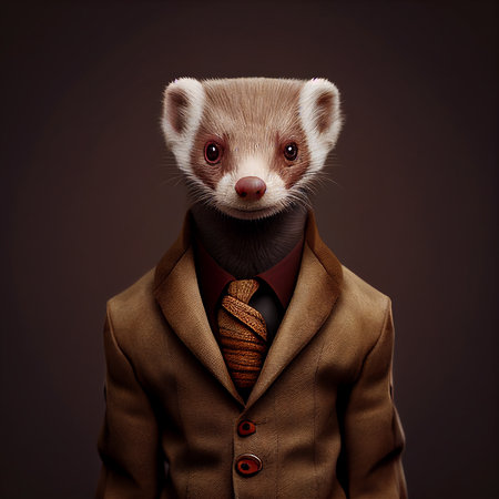 Realistic lifelike ferret in dapper high end luxury formal suit and shirt, commercial, editorial advertisement, surreal surrealismの素材