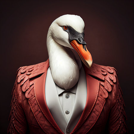 Realistic lifelike swan in dapper high end luxury formal suit and shirt, commercial, editorial advertisement, surreal surrealismの素材