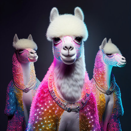 Realistic lifelike alpaca in disco neon glitter bright outfits, commercial, editorial advertisement, surreal surrealismの素材