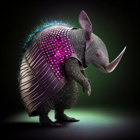 Realistic lifelike armadillo in disco neon glitter bright outfits, commercial, editorial advertisement, surreal surrealismの素材