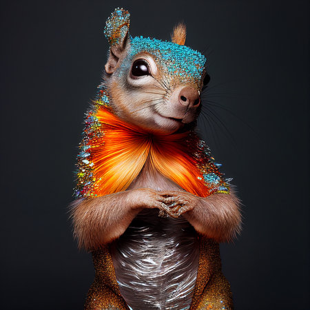 Realistic lifelike squirrel in disco neon glitter bright outfits, commercial, editorial advertisement, surreal surrealismの素材