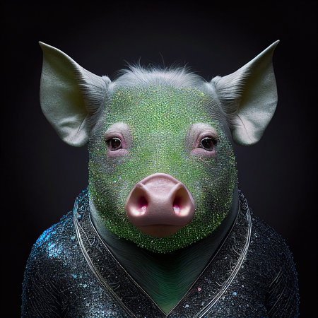 Realistic lifelike pig piggy piglet in disco neon glitter bright outfits, commercial, editorial advertisement, surreal surrealismの素材