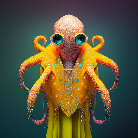 Realistic lifelike squid octopus in disco neon glitter bright outfits, commercial, editorial advertisement, surreal surrealismの素材