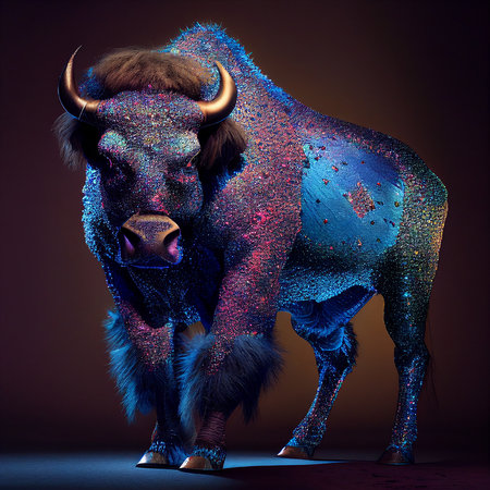 Realistic lifelike buffalo in disco neon glitter bright outfits, commercial, editorial advertisement, surreal surrealismの素材