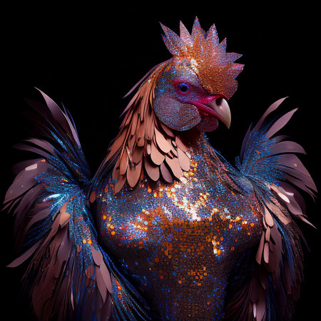 Realistic lifelike chicken bird in disco neon glitter bright outfits, commercial, editorial advertisement, surreal surrealismの素材