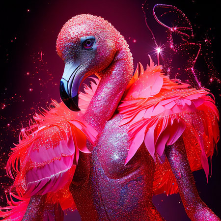 Realistic lifelike flamingo bird in disco neon glitter bright outfits, commercial, editorial advertisement, surreal surrealismの素材