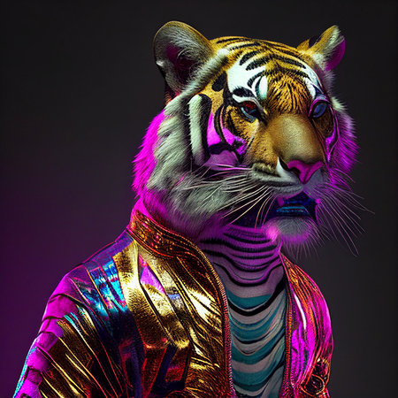 Realistic lifelike tiger in disco neon glitter bright outfits, commercial, editorial advertisement, surreal surrealismの素材