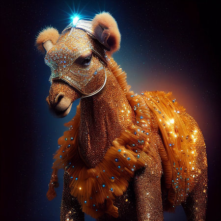 Realistic lifelike camel in disco neon glitter bright outfits, commercial, editorial advertisement, surreal surrealismの素材