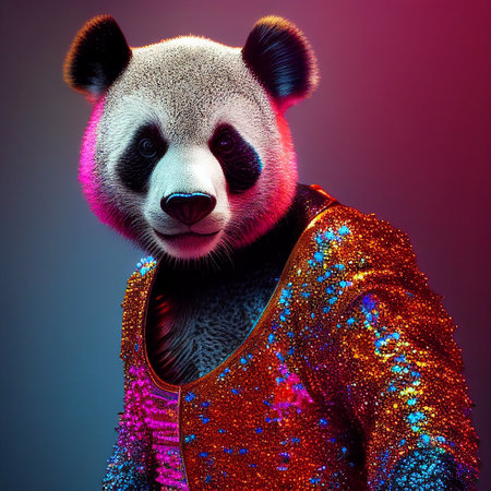 Realistic lifelike panda bear in disco neon glitter bright outfits, commercial, editorial advertisement, surreal surrealismの素材