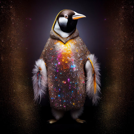 Realistic lifelike penguin in disco neon glitter bright outfits, commercial, editorial advertisement, surreal surrealismの素材