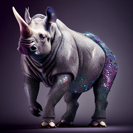 Realistic lifelike rhino rhinoceros in disco neon glitter bright outfits, commercial, editorial advertisement, surreal surrealismの素材