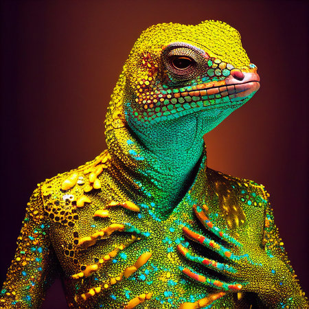 Realistic lifelike lizard reptile in disco neon glitter bright outfits, commercial, editorial advertisement, surreal surrealismの素材