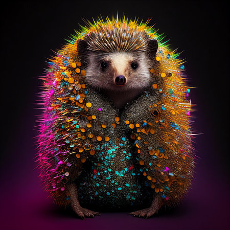 Realistic lifelike hedgehog in disco neon glitter bright outfits, commercial, editorial advertisement, surreal surrealismの素材