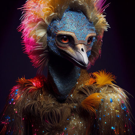 Realistic lifelike emu bird in disco neon glitter bright outfits, commercial, editorial advertisement, surreal surrealismの素材