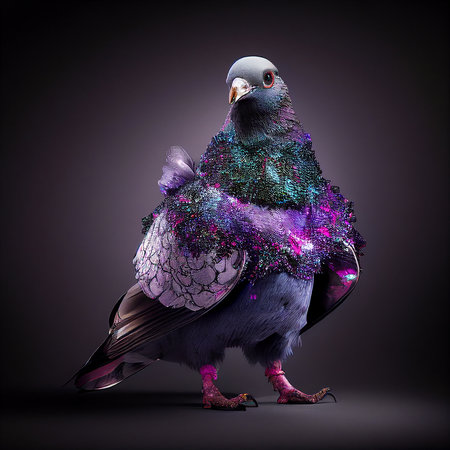 Realistic lifelike pigeon bird in disco neon glitter bright outfits, commercial, editorial advertisement, surreal surrealismの素材