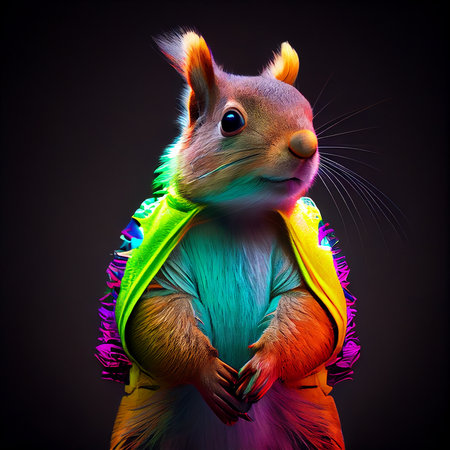 Realistic lifelike squirrel in fluorescent electric highlighters ultra-bright neon outfits, commercial, editorial advertisement, surreal surrealism. 80s Era comebackの素材