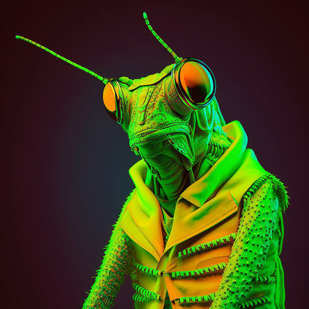 Realistic lifelike grasshopper insect in fluorescent electric highlighters ultra-bright neon outfits, commercial, editorial advertisement, surreal surrealism. 80s Era comebackの素材