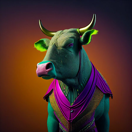 Realistic lifelike bull in fluorescent electric highlighters ultra-bright neon outfits, commercial, editorial advertisement, surreal surrealism. 80s Era comebackの素材