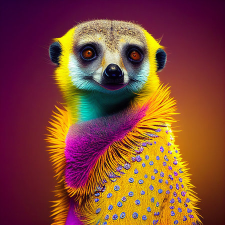 Realistic lifelike meerkat in fluorescent electric highlighters ultra-bright neon outfits, commercial, editorial advertisement, surreal surrealism. 80s Era comebackの素材