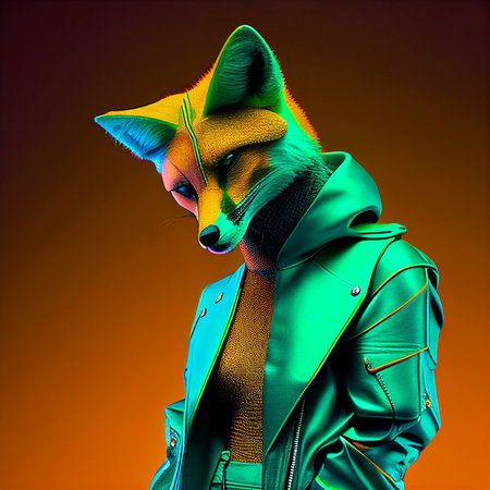 Realistic lifelike fox in fluorescent electric highlighters ultra-bright neon outfits, commercial, editorial advertisement, surreal surrealism. 80s Era comebackの素材