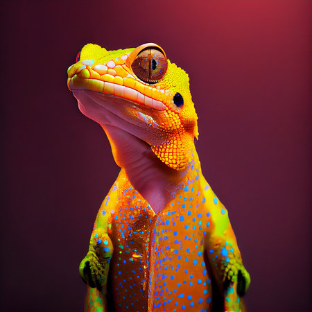 Realistic lifelike gecko reptile in fluorescent electric highlighters ultra-bright neon outfits, commercial, editorial advertisement, surreal surrealism. 80s Era comebackの素材