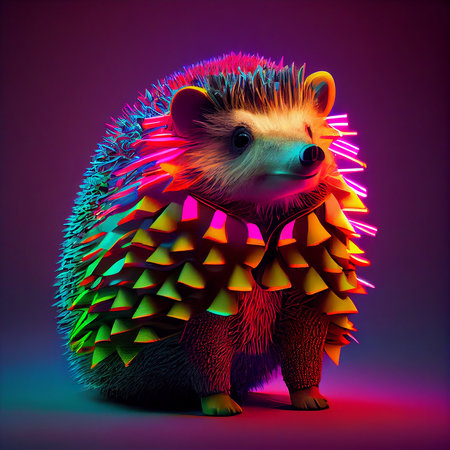 Realistic lifelike hedgehog in fluorescent electric highlighters ultra-bright neon outfits, commercial, editorial advertisement, surreal surrealism. 80s Era comebackの素材