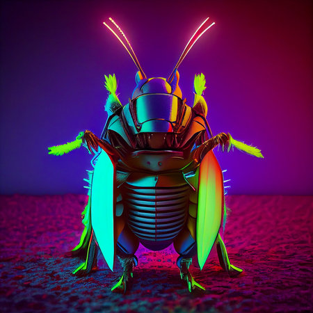 Realistic lifelike cockroach roach insect in fluorescent electric highlighters bright neon outfits, commercial, editorial advertisement, surreal surrealism. 80s Era comebackの素材