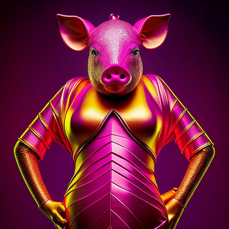 Realistic lifelike pig piggy piglet in fluorescent electric highlighters ultra-bright neon outfits, commercial, editorial advertisement, surreal surrealism. 80s Era comebackの素材
