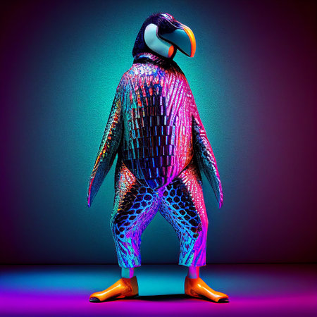 Realistic lifelike penguin in fluorescent electric highlighters ultra-bright neon outfits, commercial, editorial advertisement, surreal surrealism. 80s Era comebackの素材