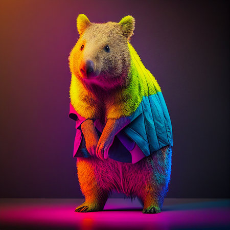 Realistic lifelike wombat in fluorescent electric highlighters ultra-bright neon outfits, commercial, editorial advertisement, surreal surrealism. 80s Era comebackの素材