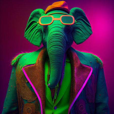 Realistic lifelike mammoth elephant in fluorescent electric highlighters ultra-bright neon outfits, commercial, editorial advertisement, surreal surrealism. 80s Era comebackの素材