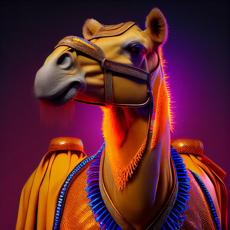 Realistic lifelike camel in fluorescent electric highlighters ultra-bright neon outfits, commercial, editorial advertisement, surreal surrealism. 80s Era comebackの素材
