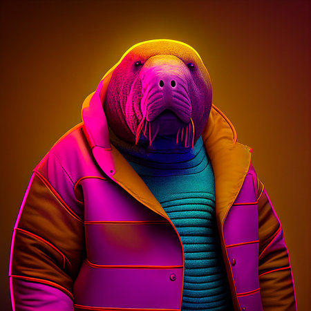 Realistic lifelike walrus in fluorescent electric highlighters ultra-bright neon outfits, commercial, editorial advertisement, surreal surrealism. 80s Era comebackの素材