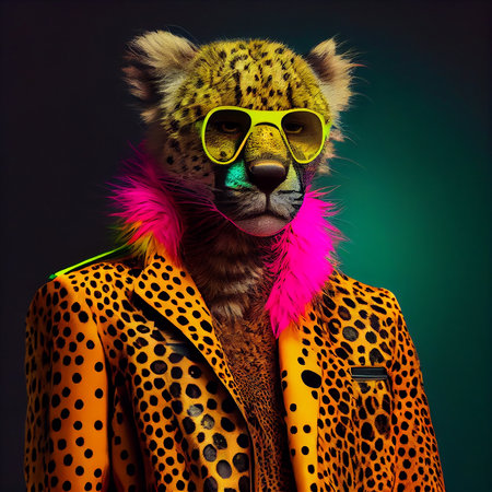 Realistic lifelike cheetah in fluorescent electric highlighters ultra-bright neon outfits, commercial, editorial advertisement, surreal surrealism. 80s Era comebackの素材