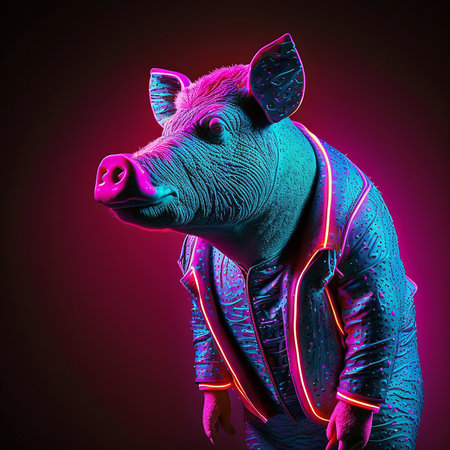 Realistic lifelike pig piggy piglet in fluorescent electric highlighters ultra-bright neon outfits, commercial, editorial advertisement, surreal surrealism. 80s Era comebackの素材