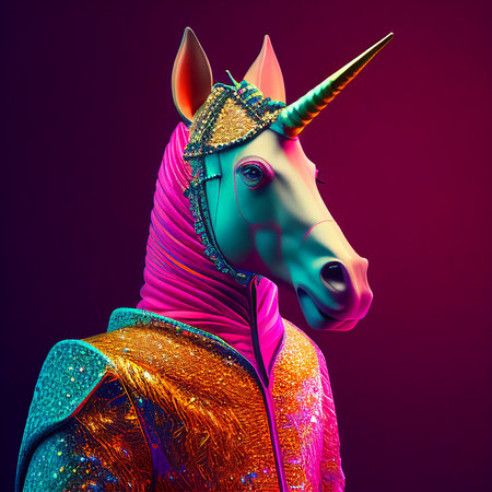 Realistic lifelike unicorn in fluorescent electric highlighters ultra-bright neon outfits, commercial, editorial advertisement, surreal surrealism. 80s Era comebackの素材