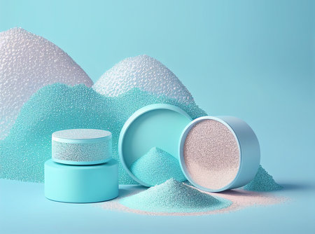 3d render of cosmetic product display podiums and water drops on blue backgroundの写真素材