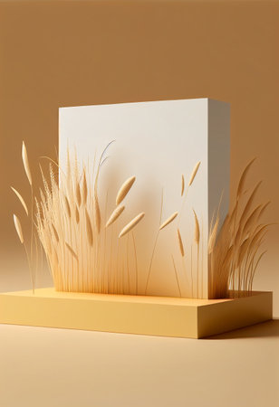 3d render, abstract background, podium for product presentation, blank stand with wheatの写真素材